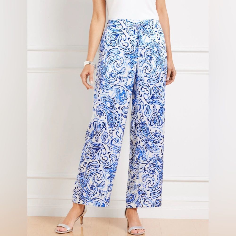 Talbots Satin Wide Leg Pants Painted Paisley Size P